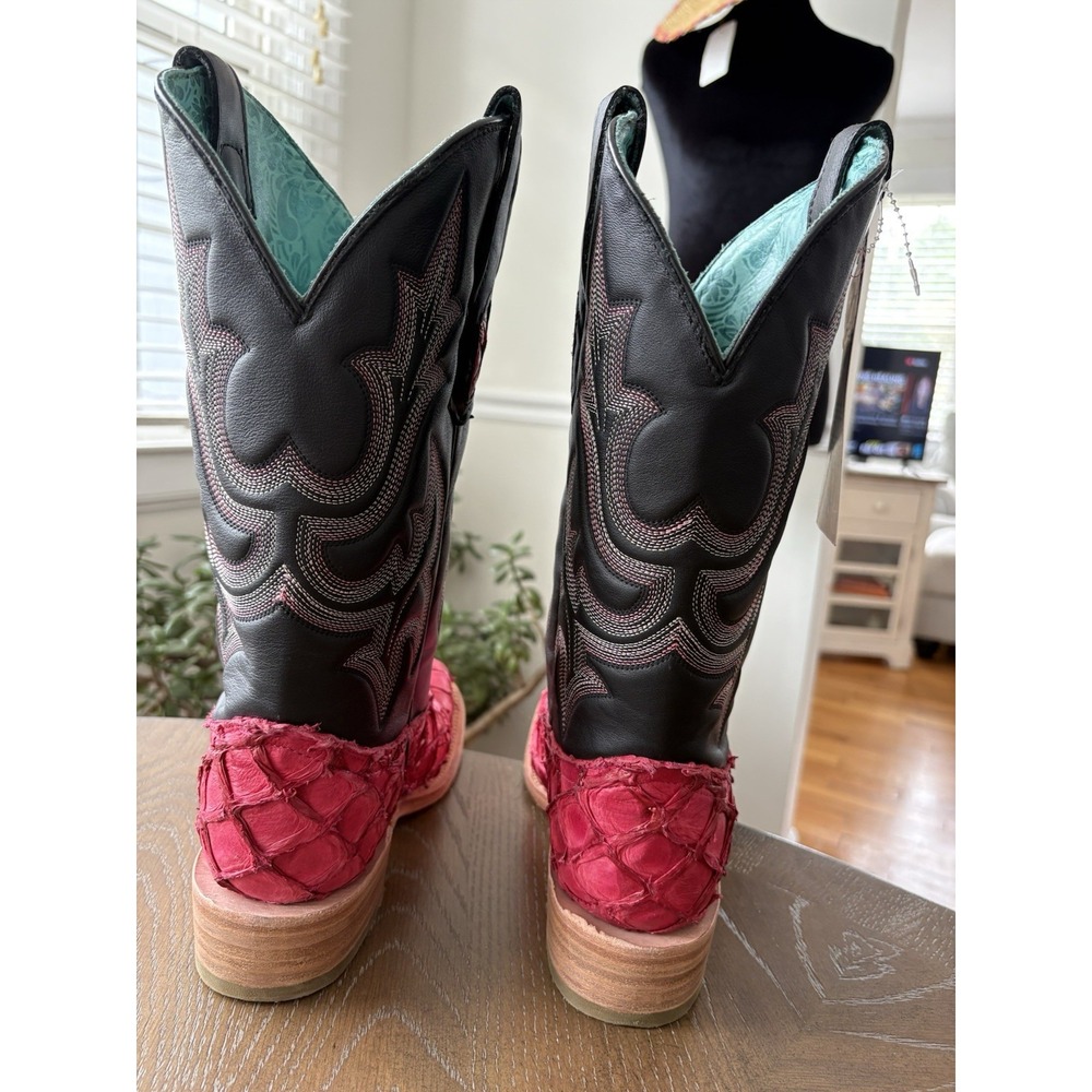 Corral Women Pink Pirarucu Fish Skin Black Leather Western Boot A4386 Square Toe - Picture 3 of 13